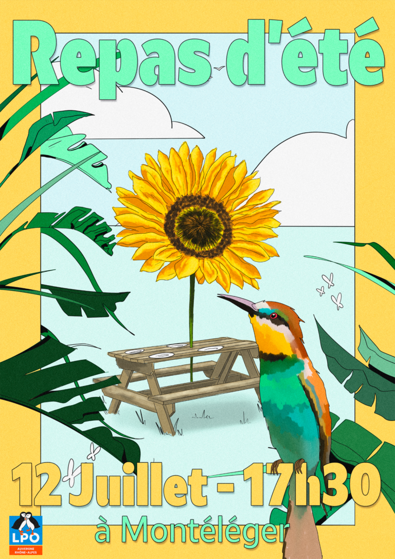 Affiche pour un repas d'été représentant une table de pique-nique abritée par une fleur de tournesol en guise de parasol.