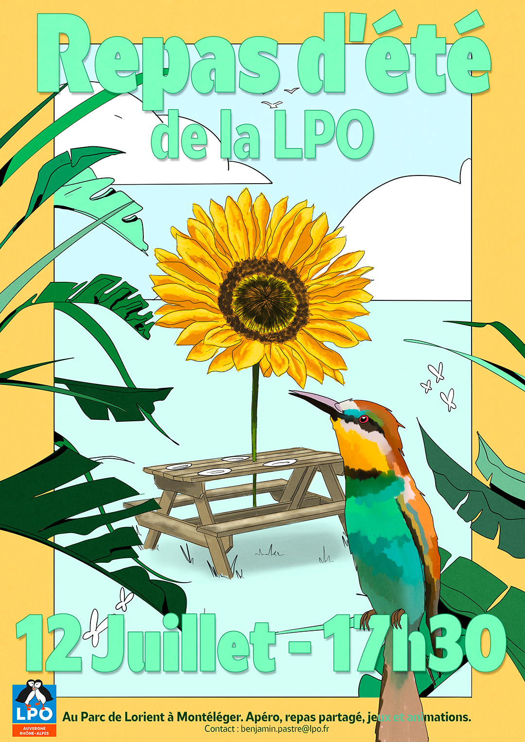 Affiche pour un repas d'été représentant une table de pique-nique abritée par une fleur de tournesol en guise de parasol.