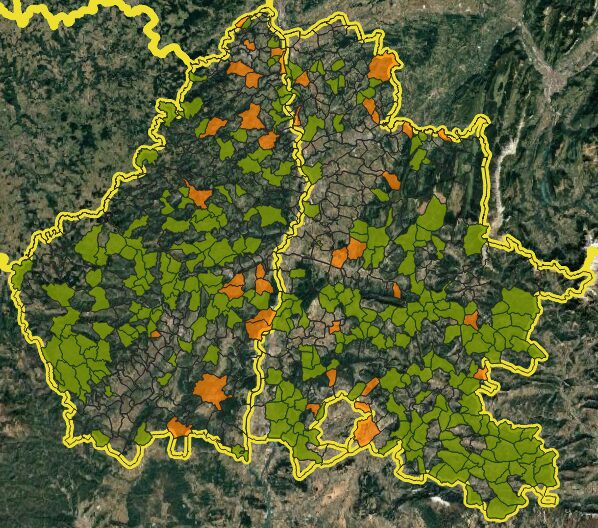 Communes sans données de nidification d’hirondelle
en vert : communes pas encore prospectées
en orange : communes sans données préalables et prospectées en 2025