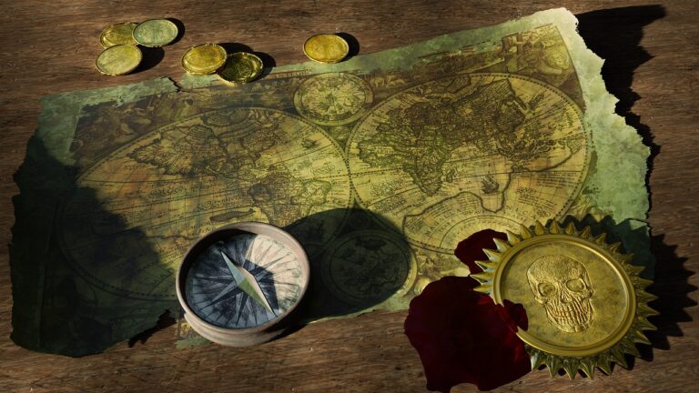 Carte au trésor avec pièces d'or et boussole