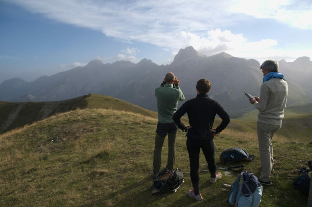 Trois bénévoles observent les oiseaux sur une crête, montagnes en arrière plan