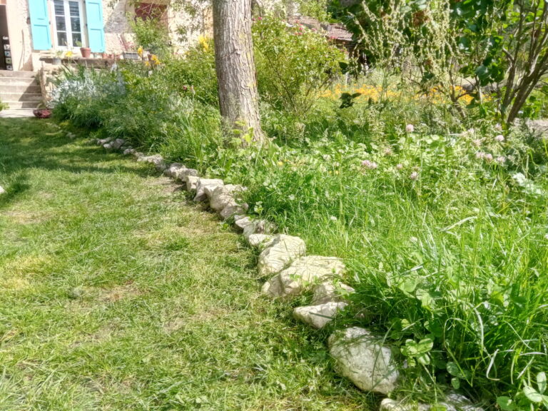 Jardin avec pelouse séparée par des pierres blanches