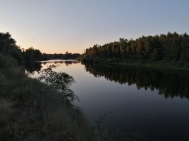 la rivière Allier vue au coucher du Soleil avec la forêt alluviale de chaque coté