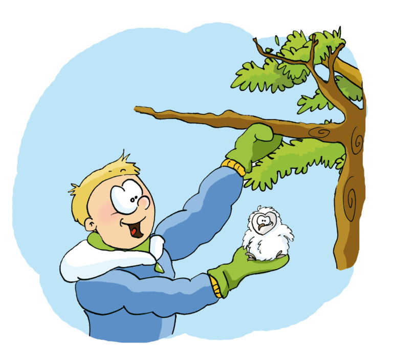 Dessin : une personne ramasse un oisillon près d'un arbre